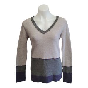 Horny Toad 100% Merino Wool Colorblock Cream Purple Vneck Cozy Sweater Small